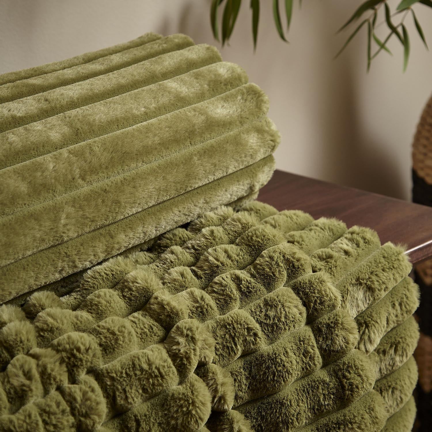 The Home Collection Soft and Cosy Ribbed Throw Cream - Green 2 Shaws Department Stores