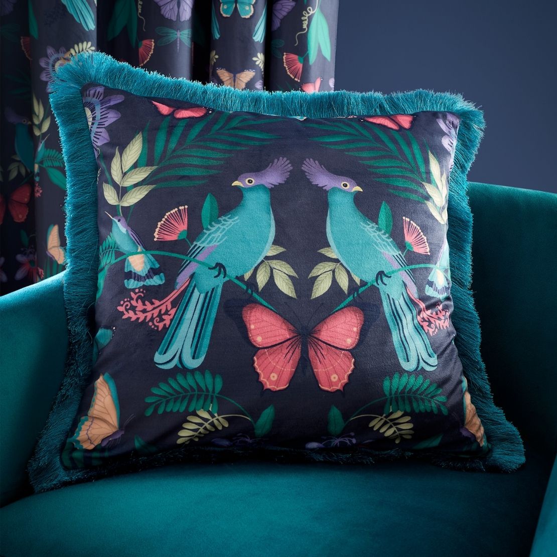 Catherine Lansfield Mya Tropical Birds Cushion - Navy 2 Shaws Department Stores