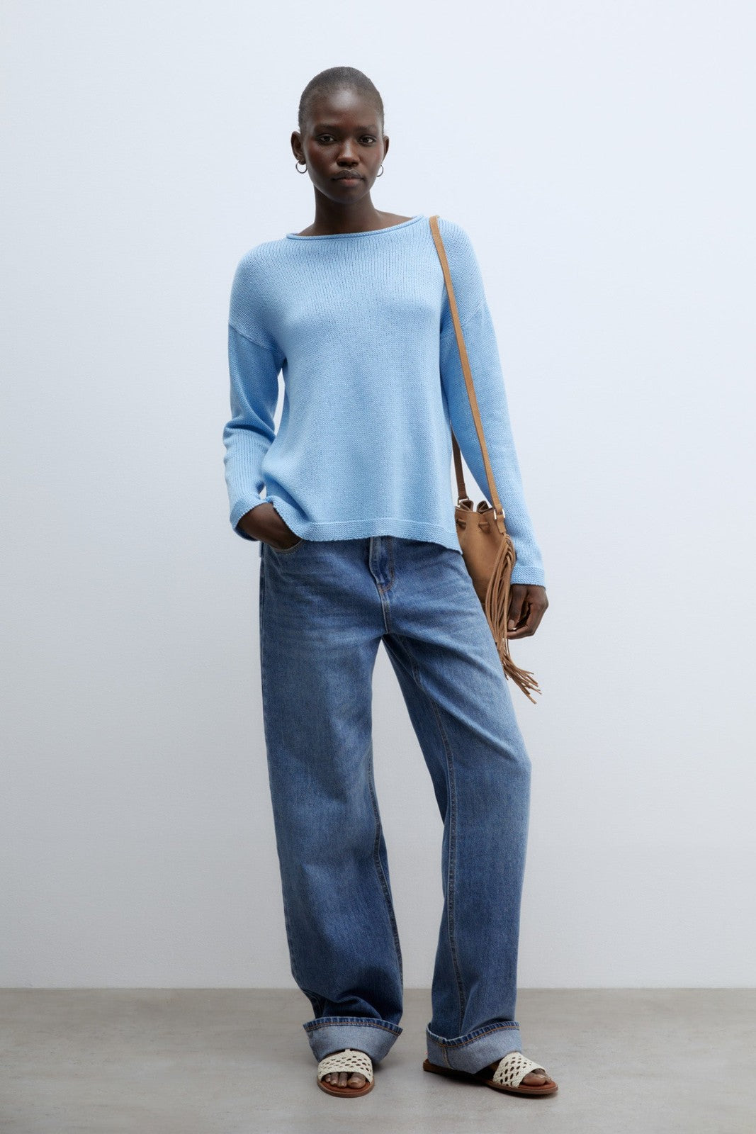 Sfera Trim detail plain sweater - Blue 4 Shaws Department Stores