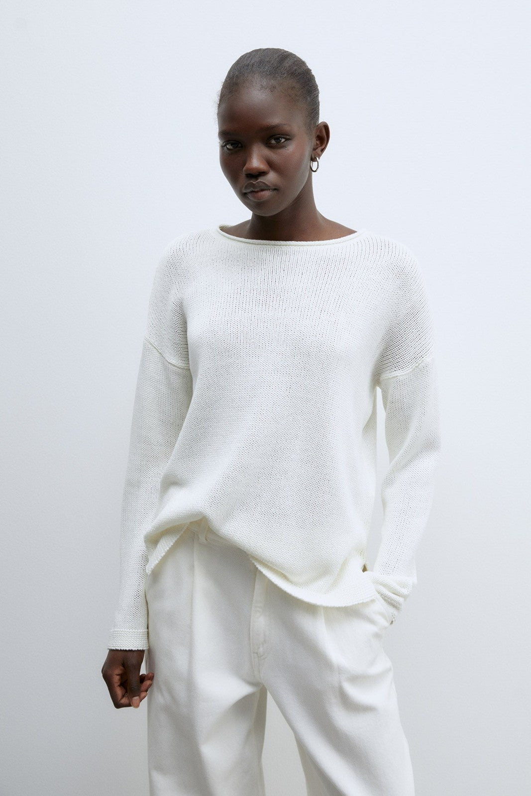 Sfera Trim detail plain sweater - White 1 Shaws Department Stores
