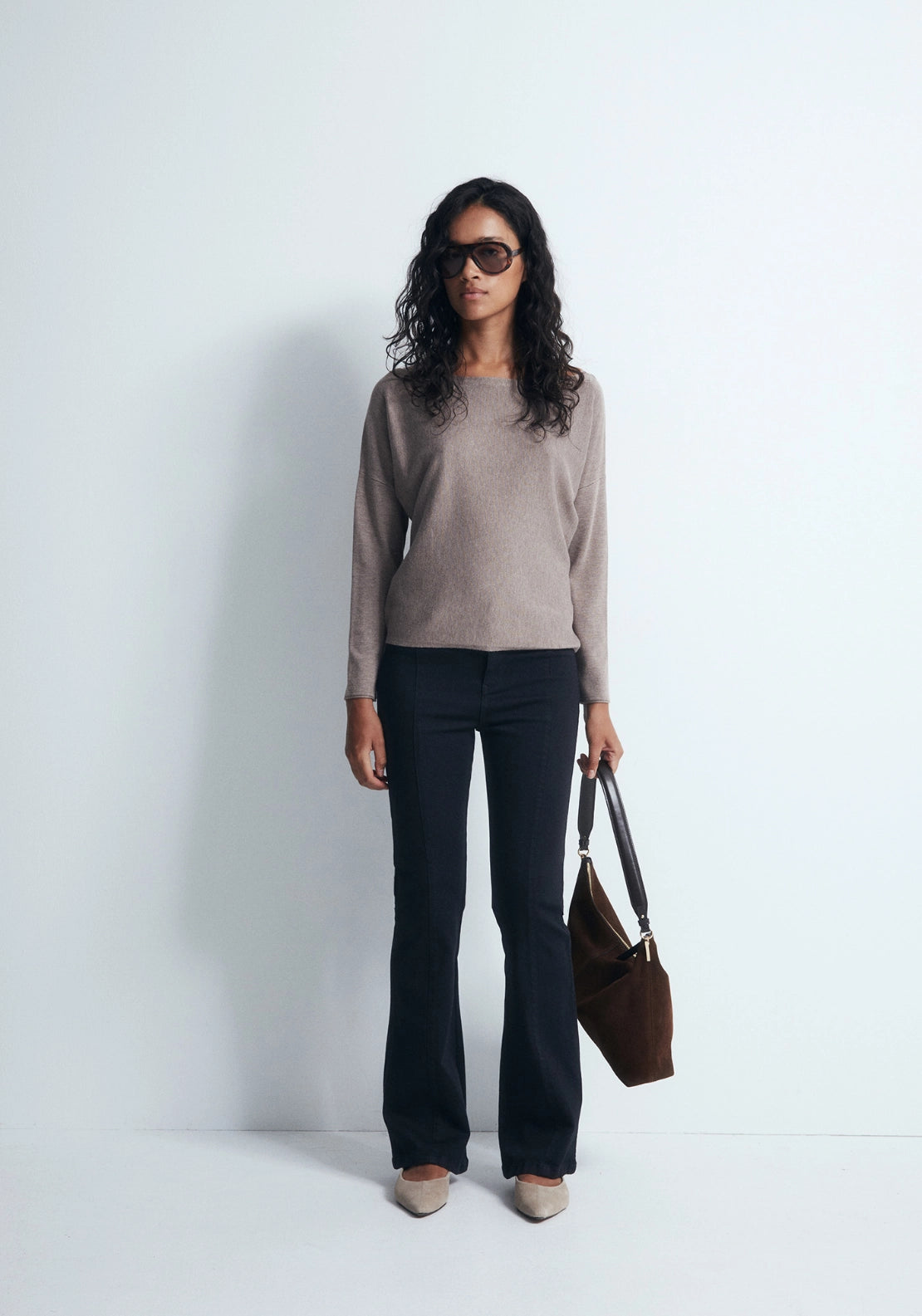 Asymmetric Neckline Sweater - Beige