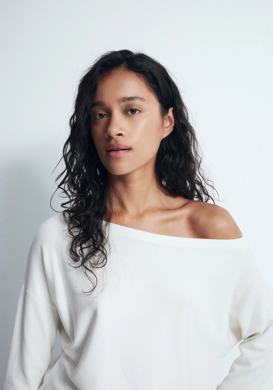 Asymmetric Neckline Sweater - White