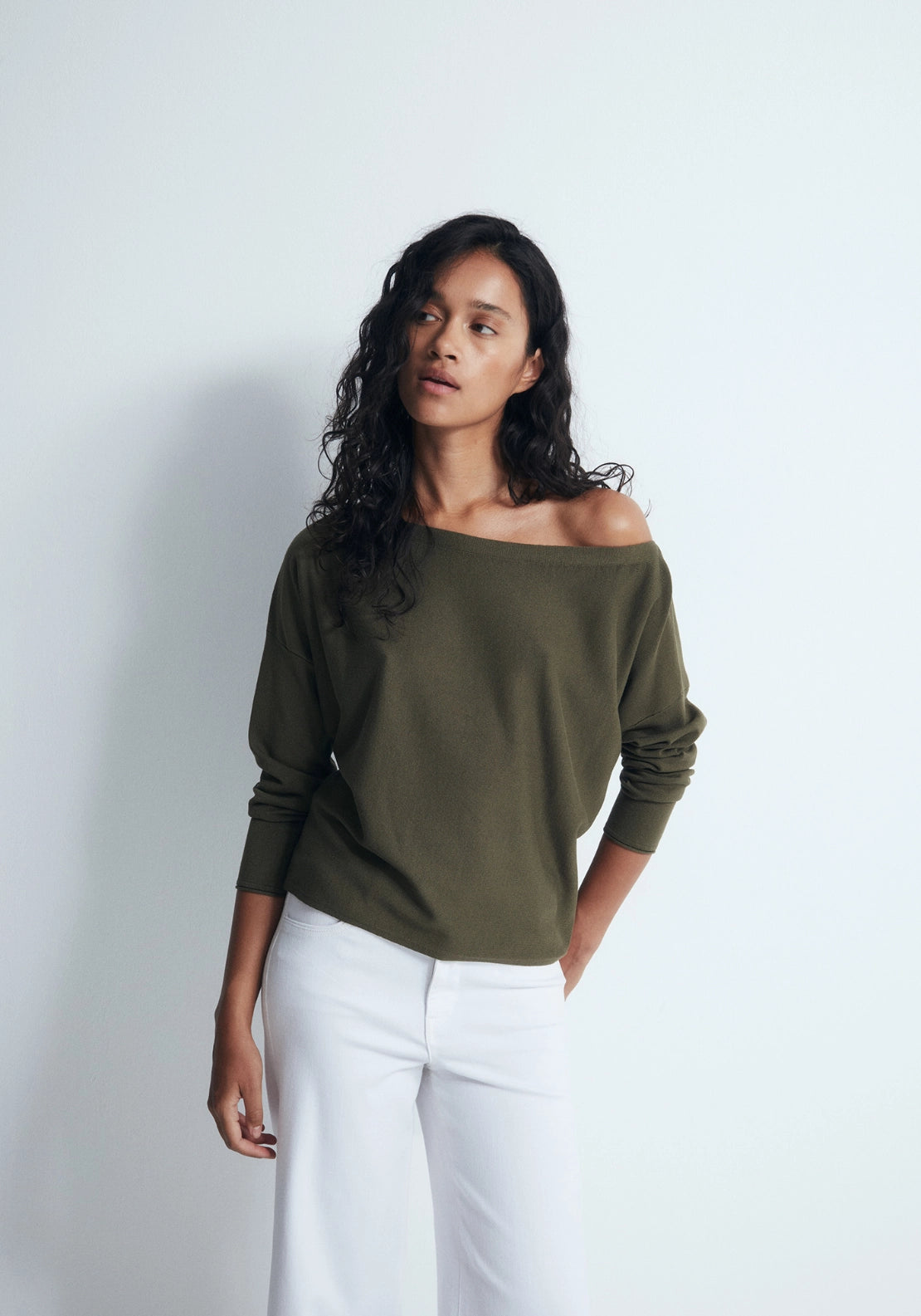 Asymmetric Neckline Sweater - Green