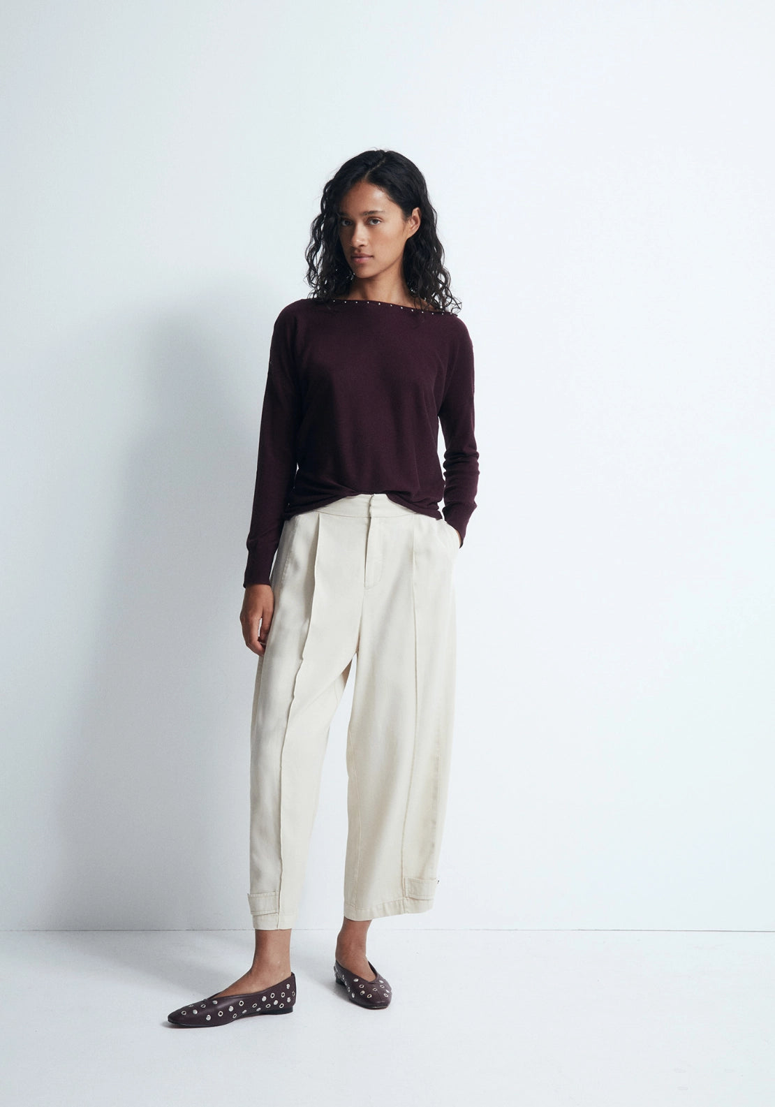 Mini Stud Asymmetric Neckline Sweater - Red