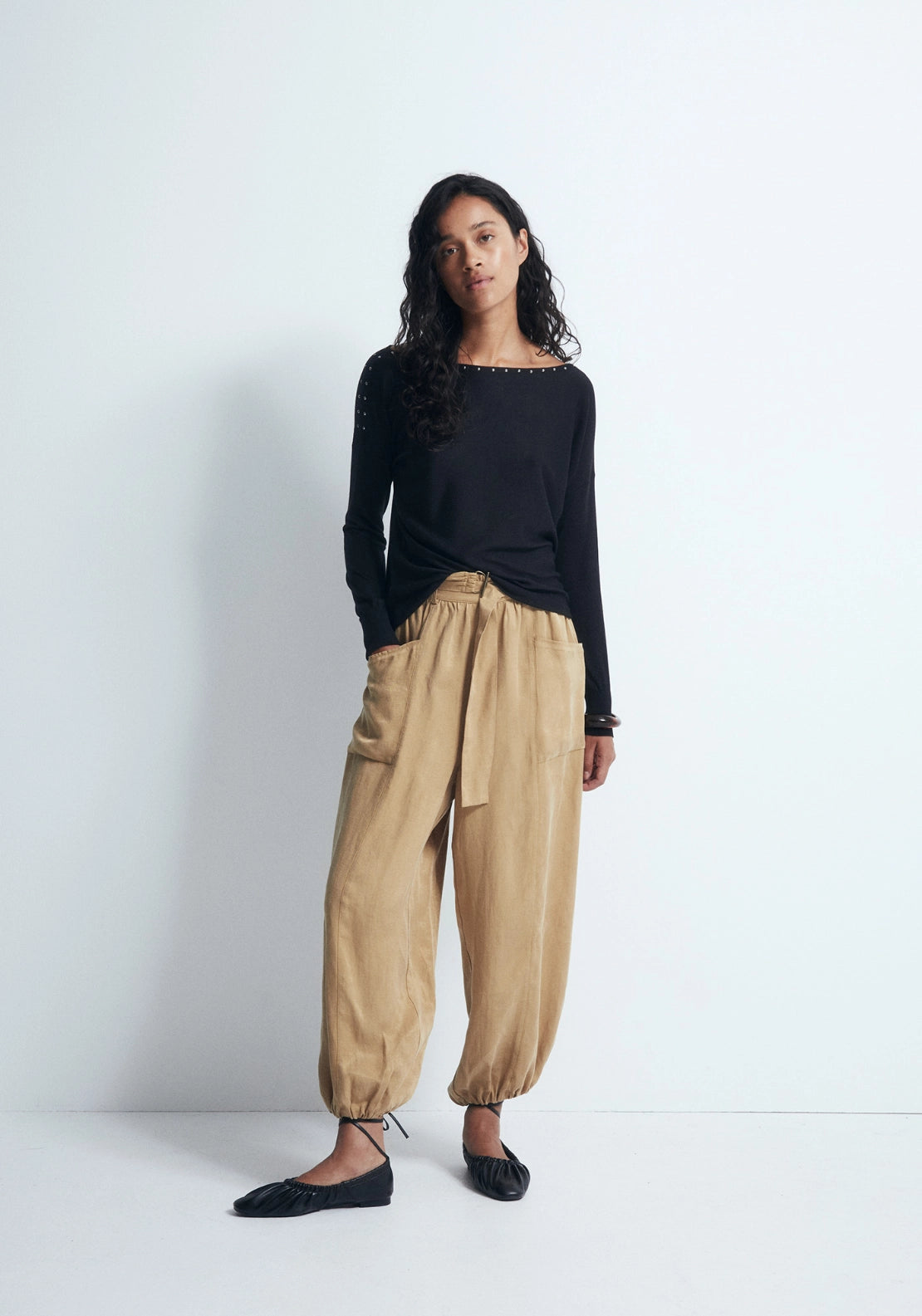 Mini Stud Asymmetric Neckline Sweater - Black
