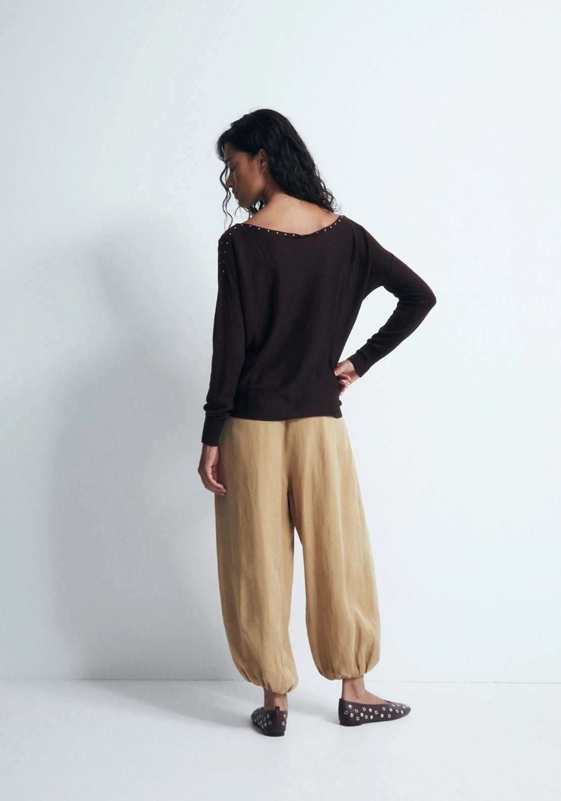 Mini Stud Asymmetric Neckline Sweater - Brown