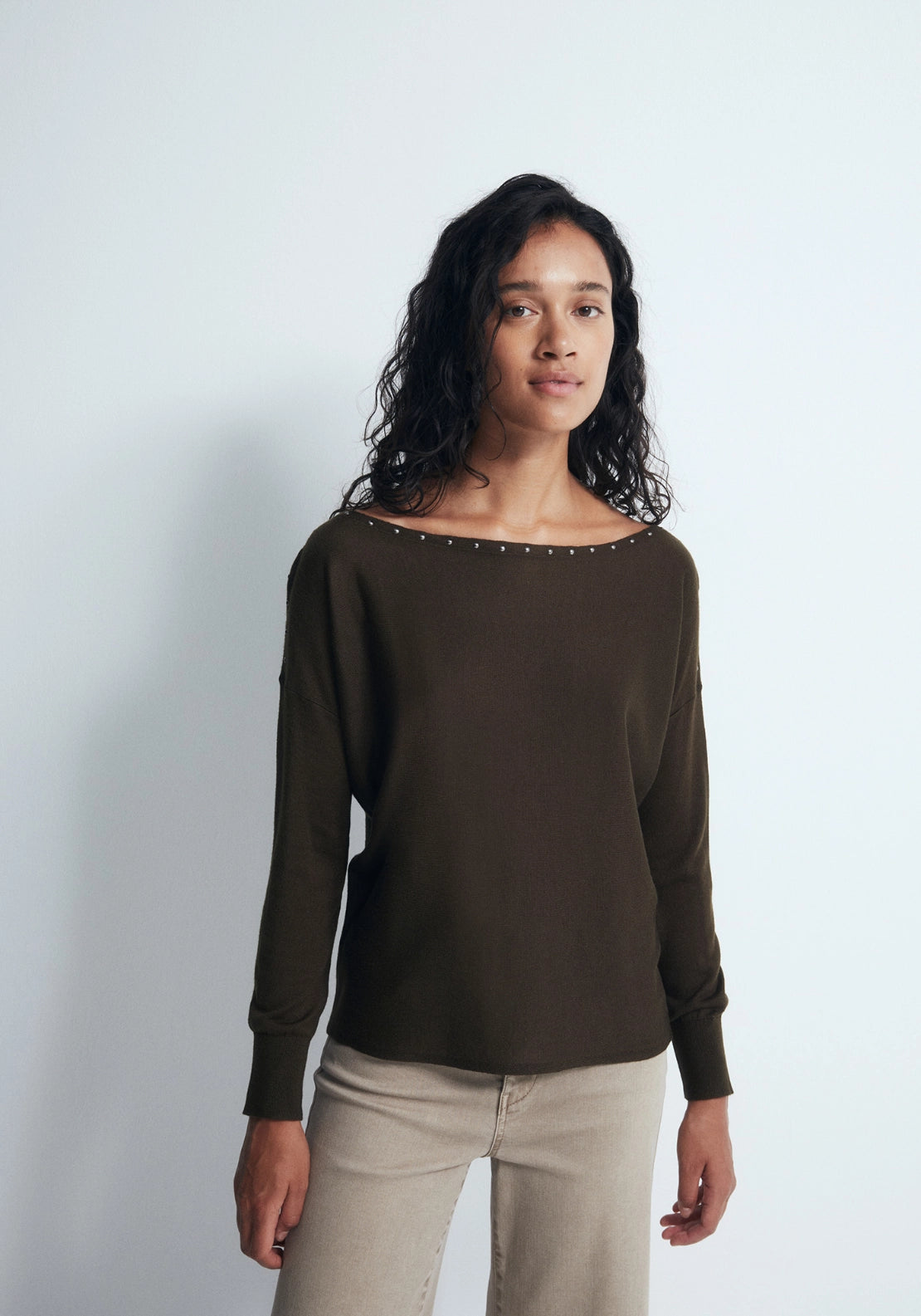 Mini Stud Asymmetric Neckline Sweater - Beige