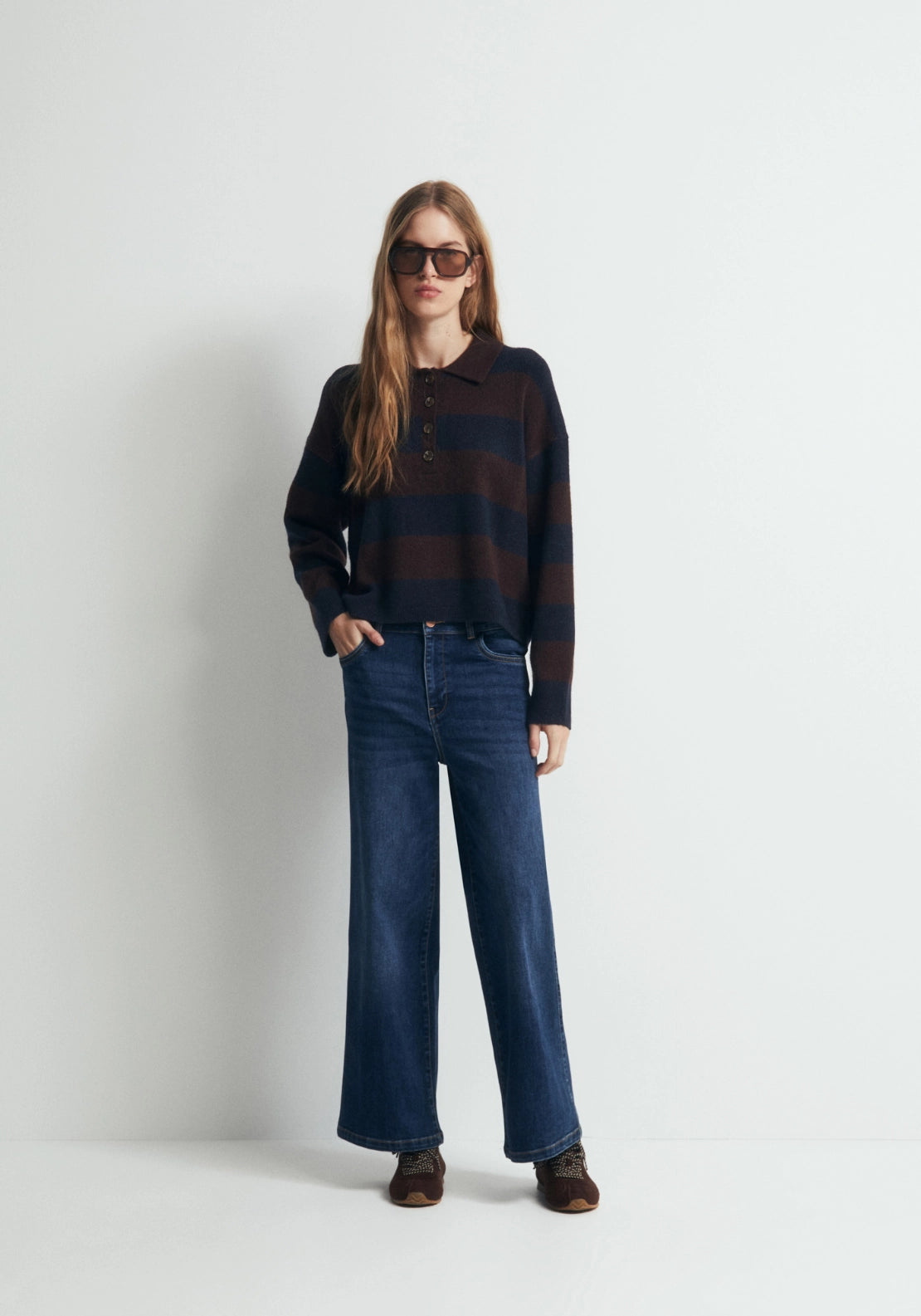 Striped Knit Polo Shirt - Brown