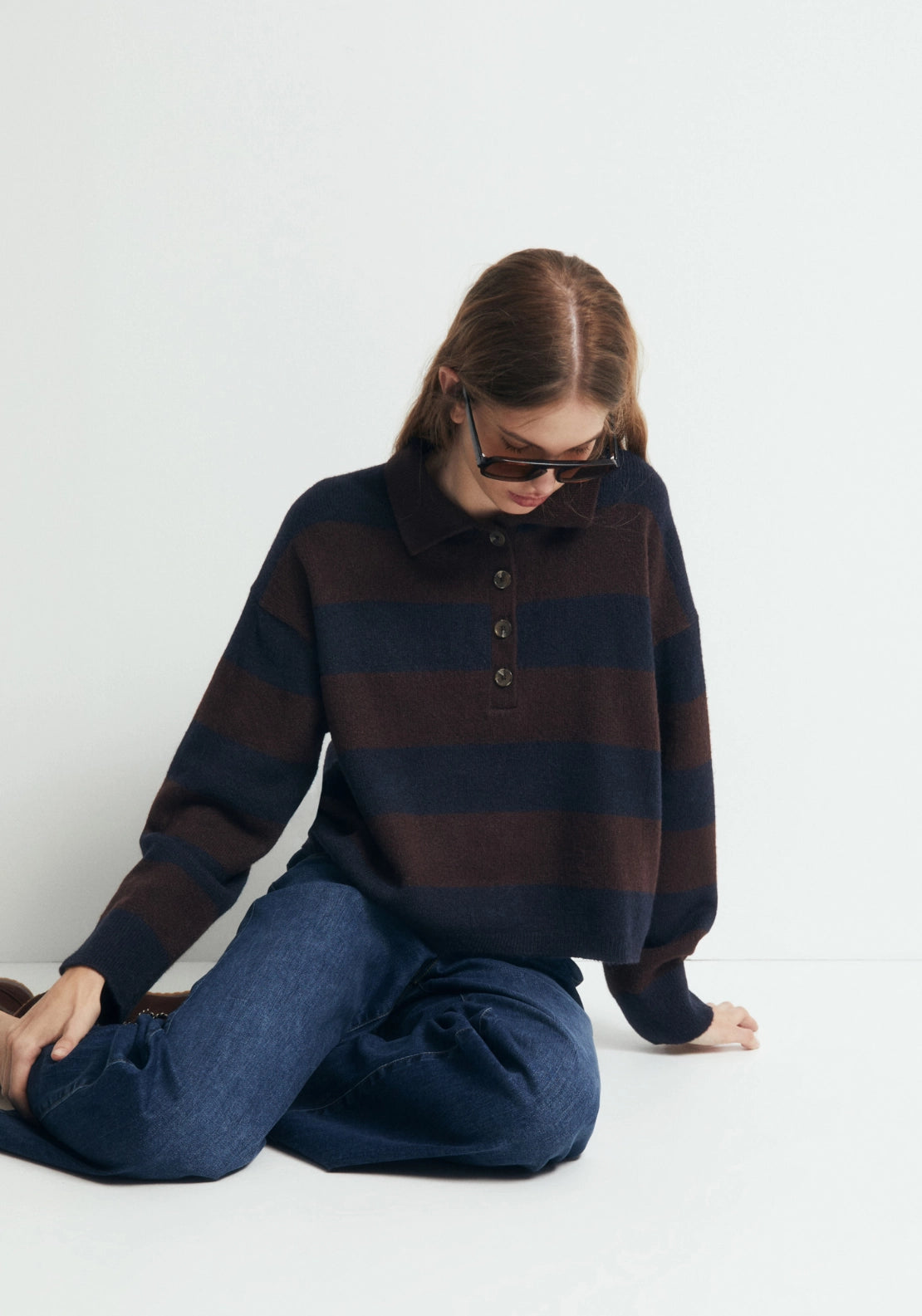 Striped Knit Polo Shirt - Brown