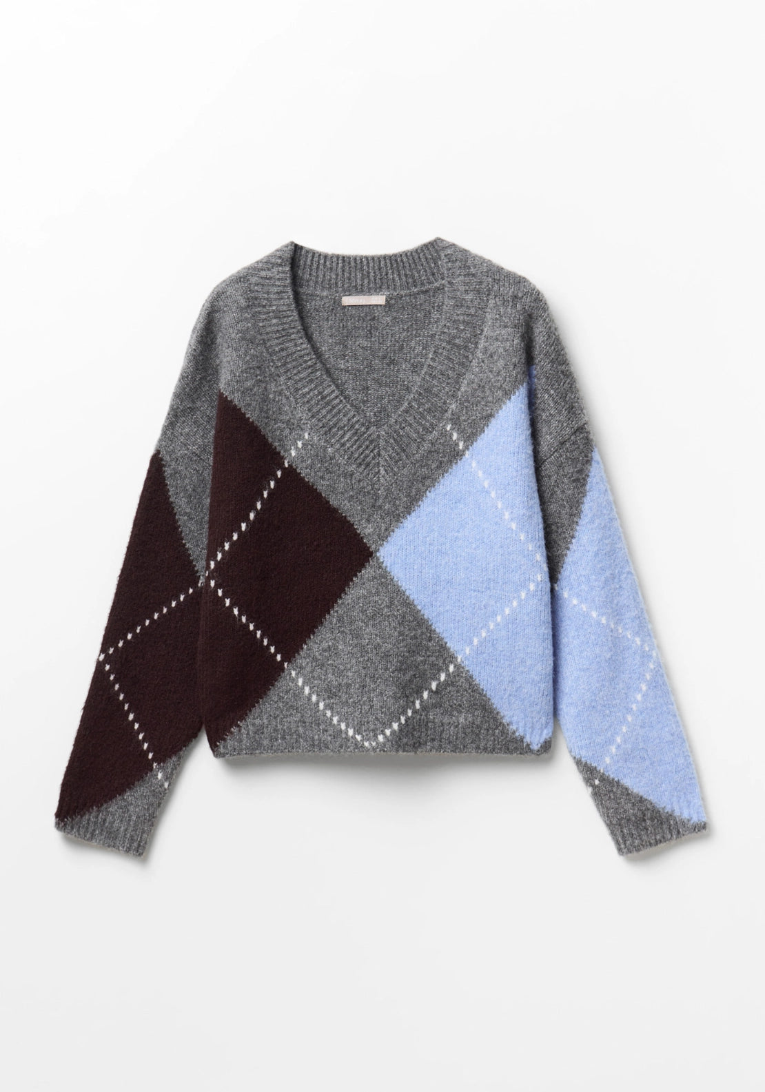 Argyle V Neck Knit Jumper - Grey