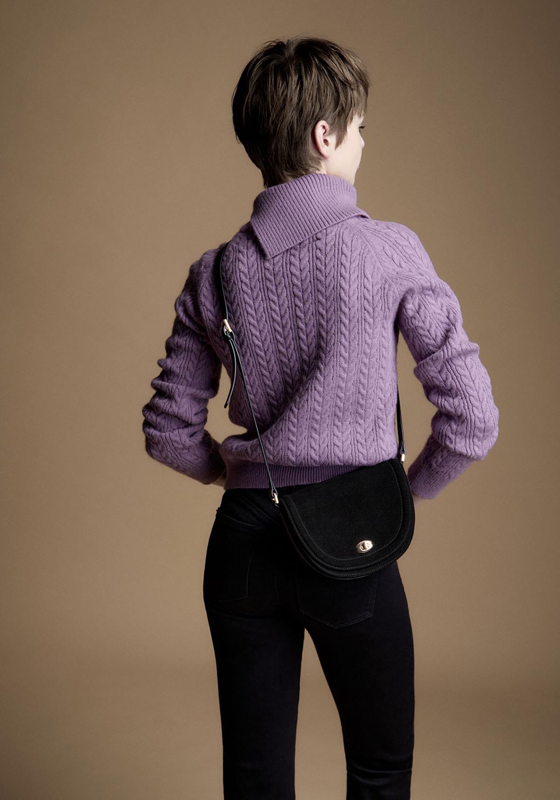 Sfera Asymmetrical Collar Cable Knit Sweater - Purple 2 Shaws Department Stores