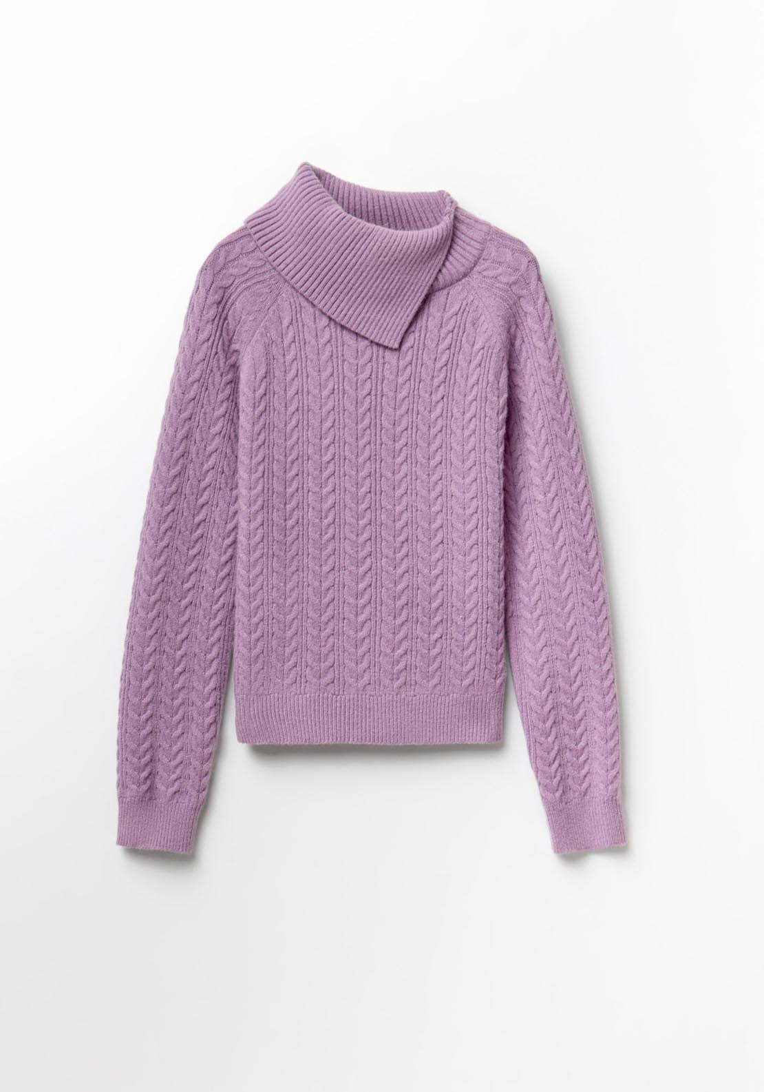 Sfera Asymmetrical Collar Cable Knit Sweater - Purple 5 Shaws Department Stores