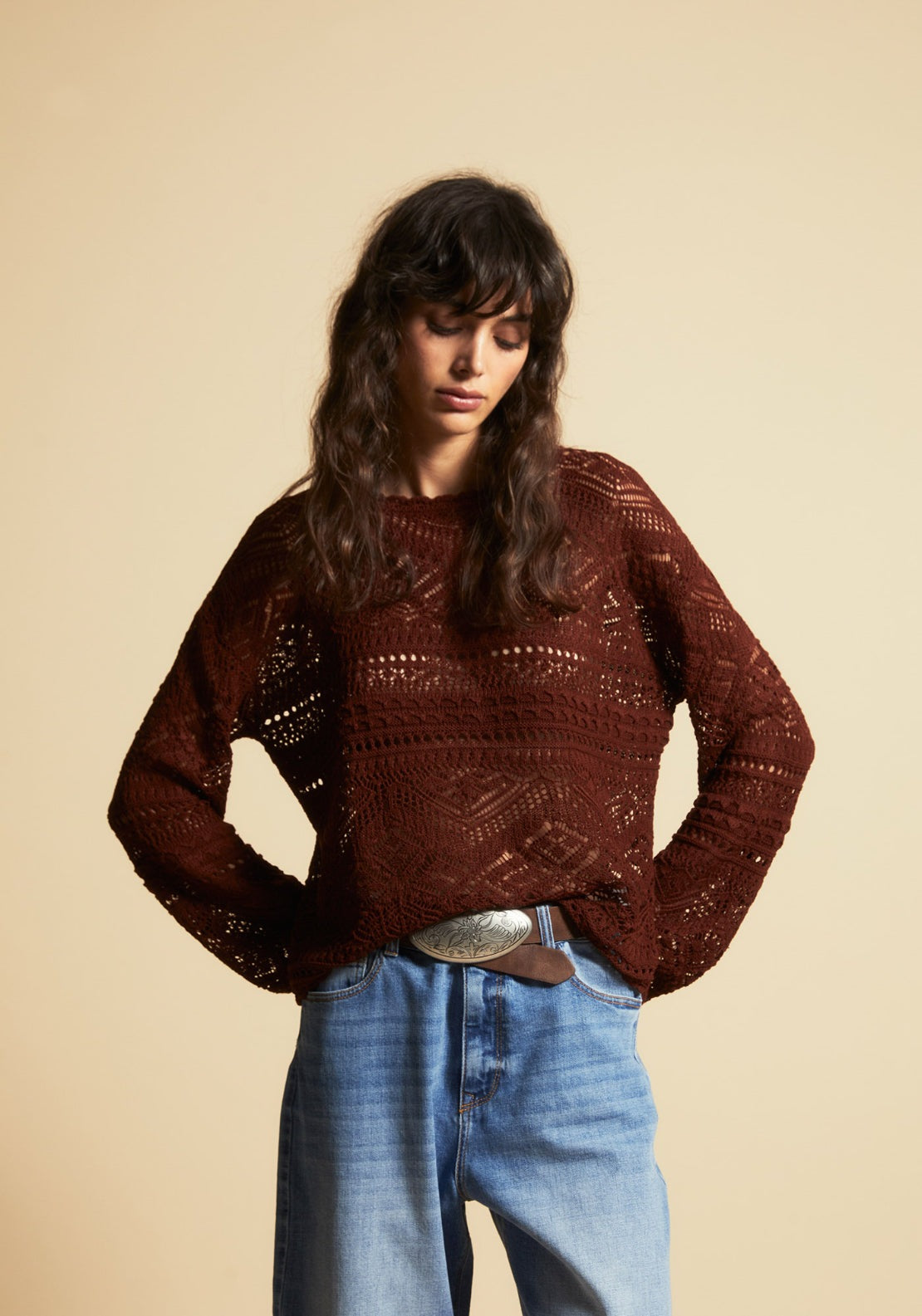 Openwork Knit Sweater - Orange