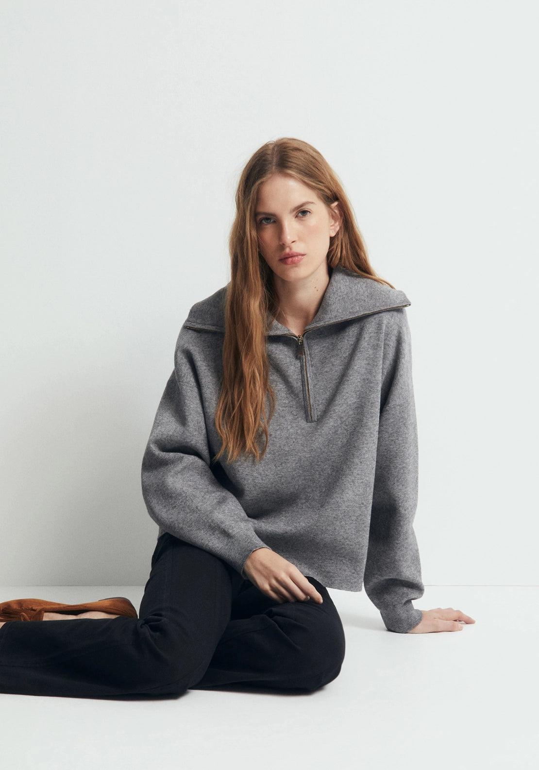 Zipped High Neck Sweater - Grey