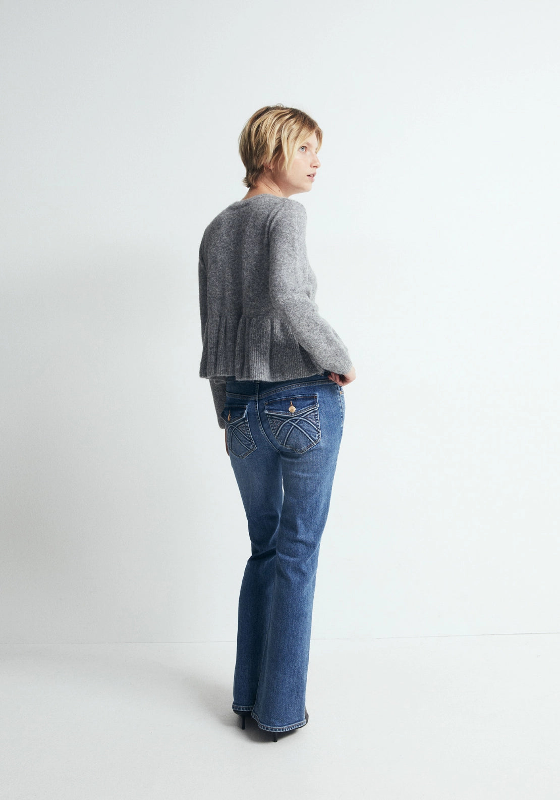 Wool Blend Peplum Knit Cardigan - Grey