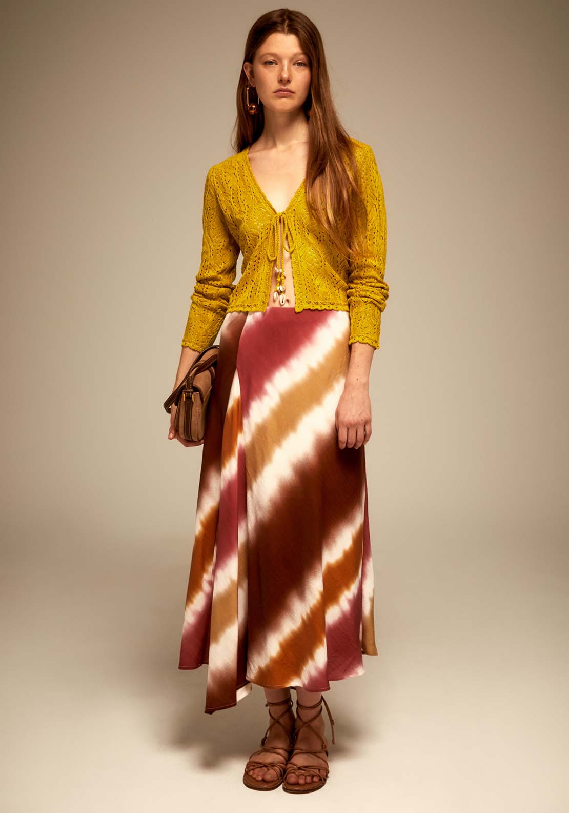 Sfera Tie Fastening Openwork Cardigan - Mustard 5 Shaws Department Stores