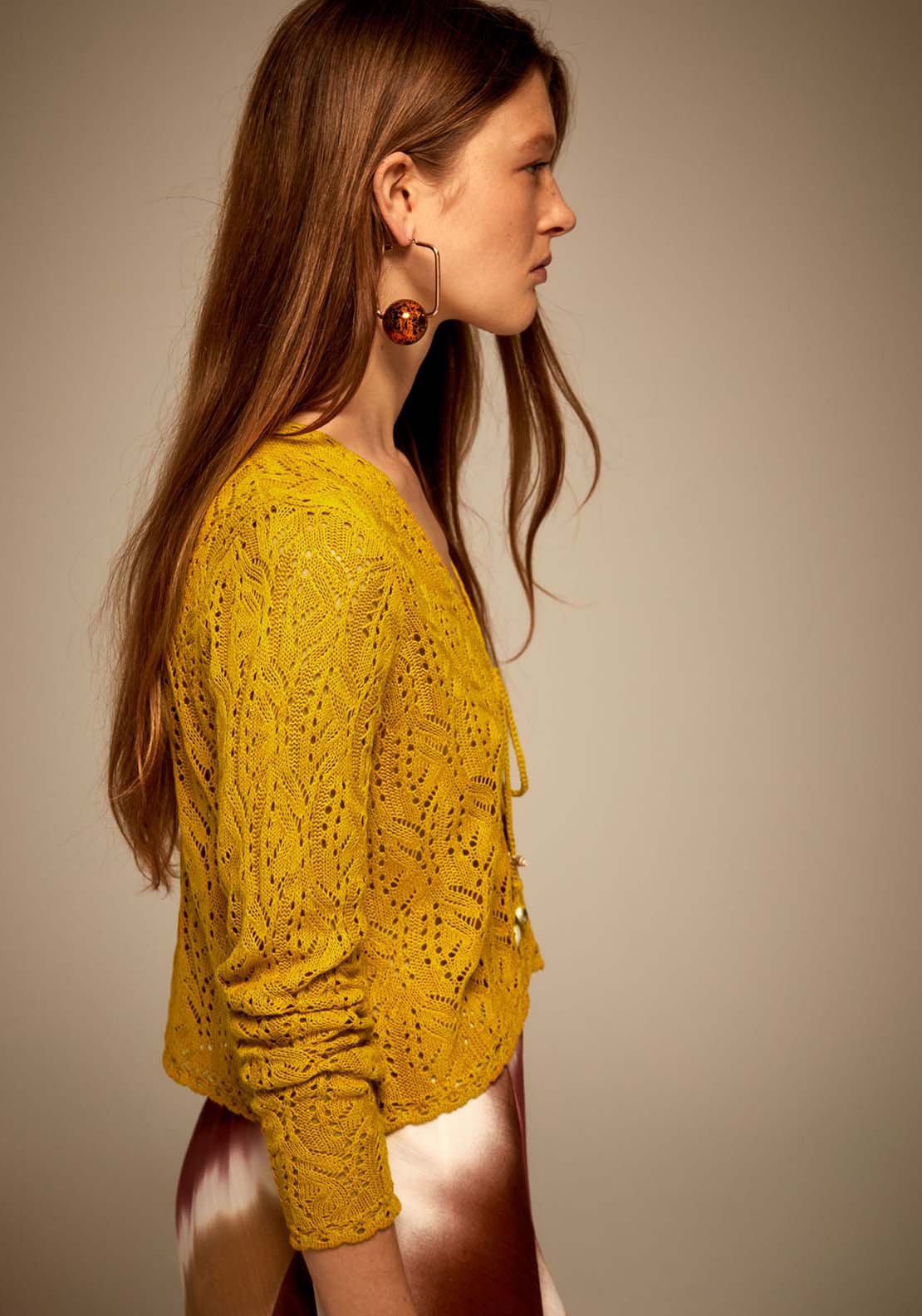 Sfera Tie Fastening Openwork Cardigan - Mustard 3 Shaws Department Stores