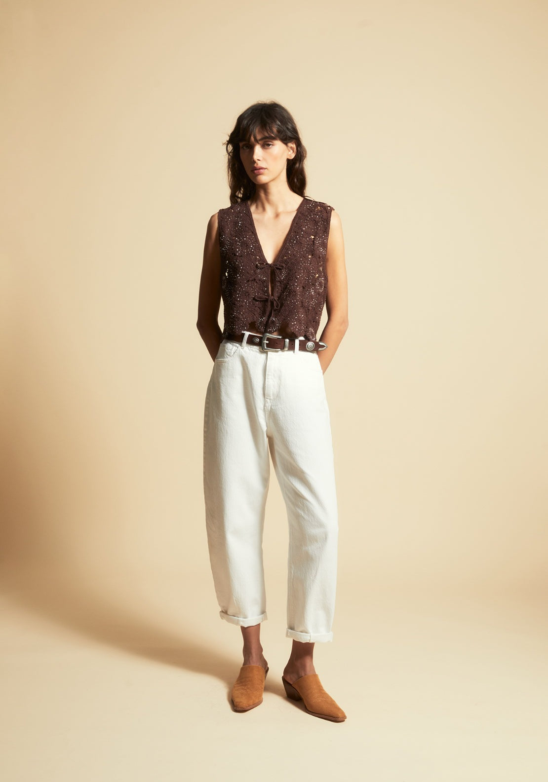 Beaded Crochet Sleeveless Top - Brown