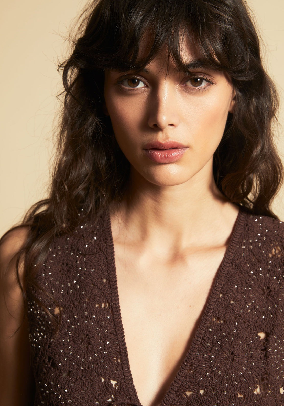 Beaded Crochet Sleeveless Top - Brown