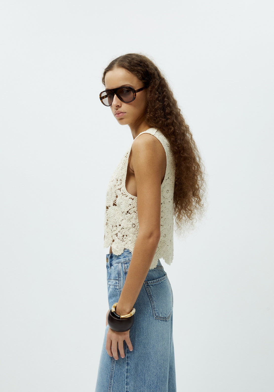 Beaded Crochet Sleeveless Top - Cream