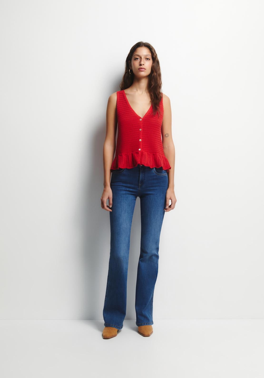Ruffle Hem Knit Top - Red