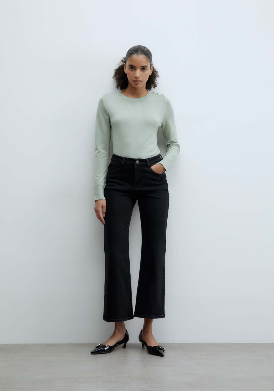 Sfera Jewel button sweater - Green Aquamarine 3 Shaws Department Stores
