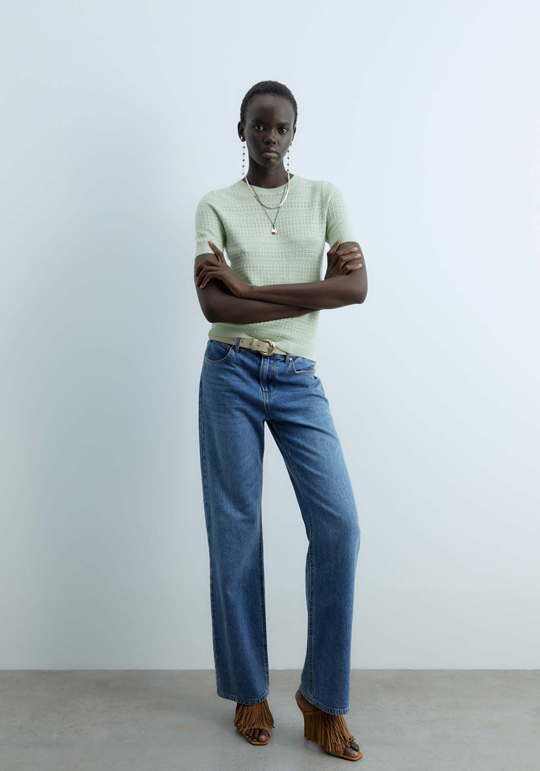 Sfera Short Sleeves Openwork Sweater - Green Light 5 Shaws Department Stores
