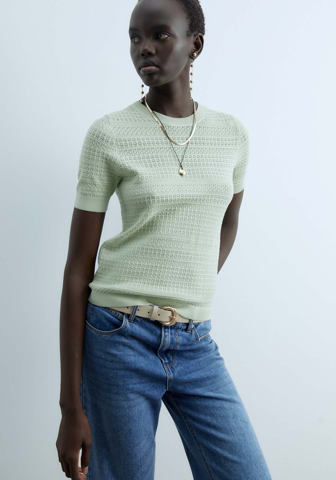 Sfera Short Sleeves Openwork Sweater - Green Light 1 Shaws Department Stores