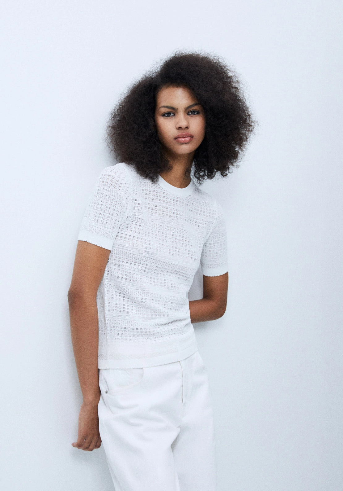 Short Sleeve Openwork Sweater - White