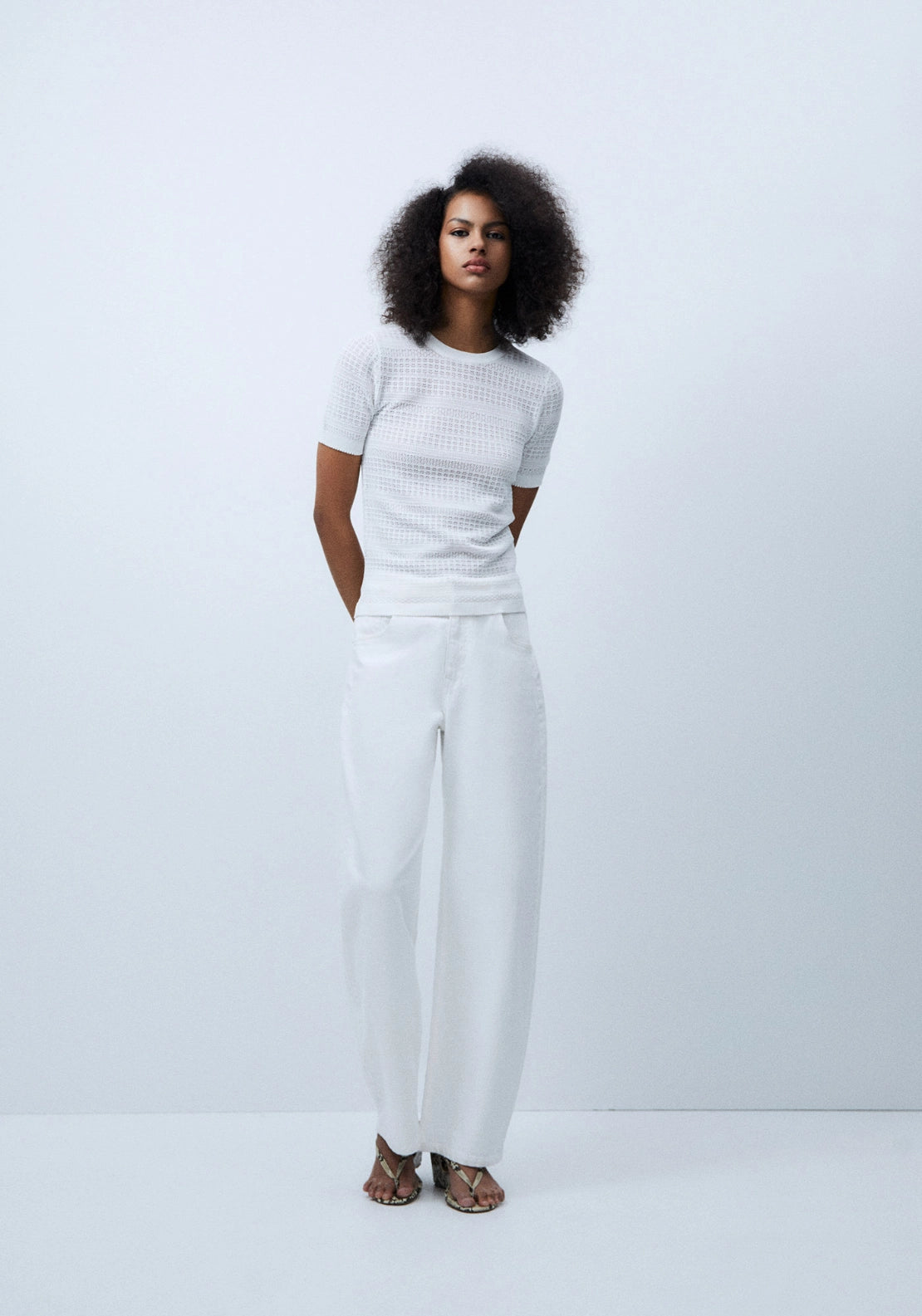 Short Sleeve Openwork Sweater - White