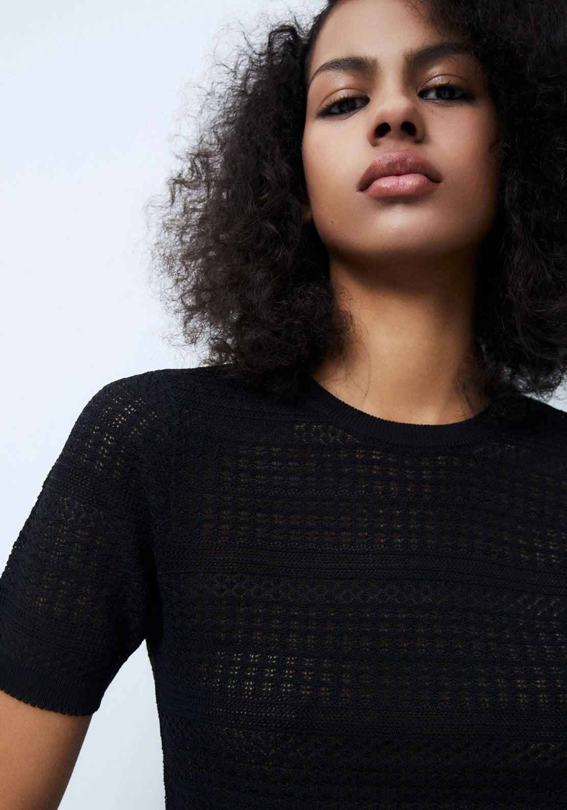 Short Sleeve Openwork Sweater - Black