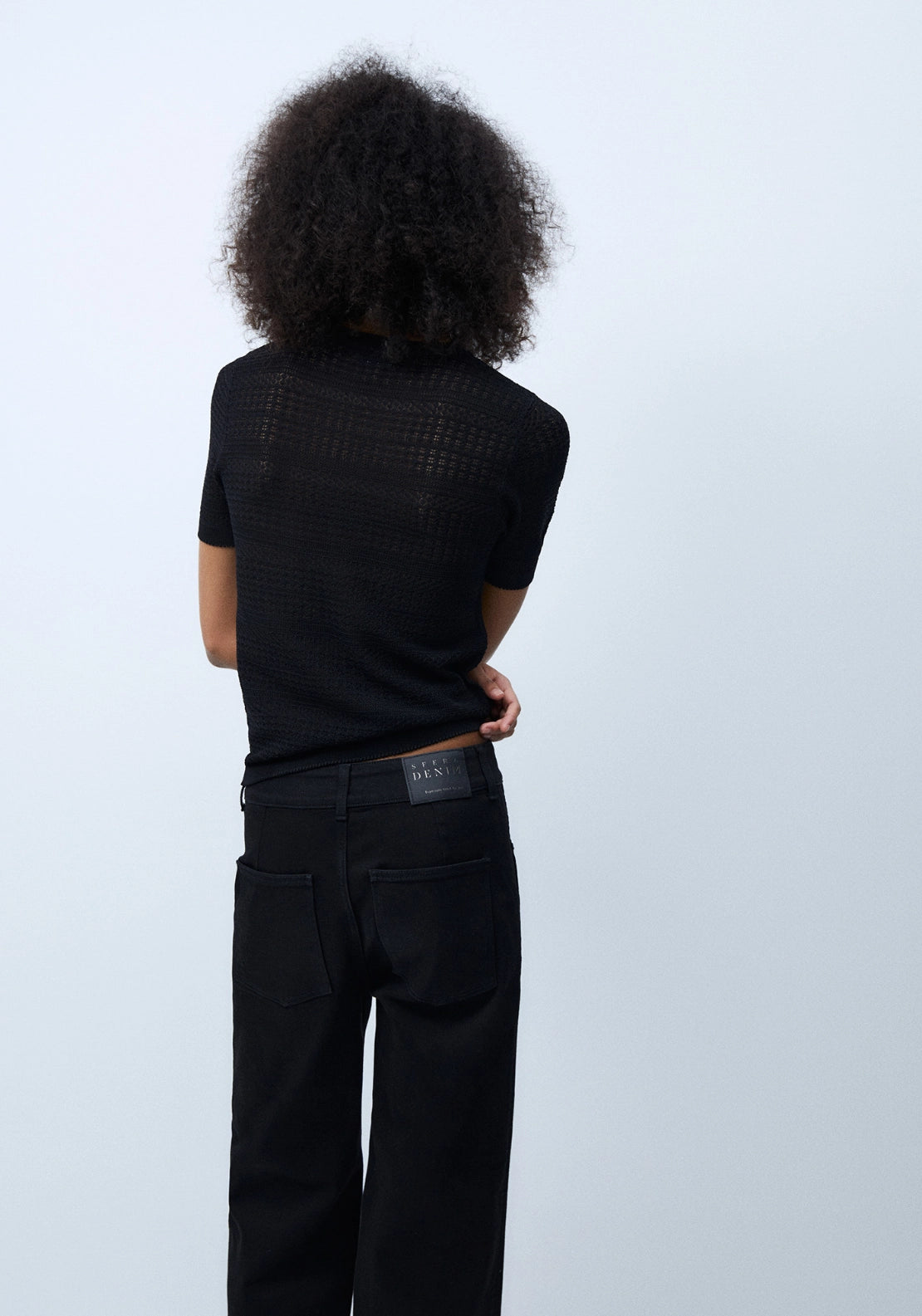 Short Sleeve Openwork Sweater - Black