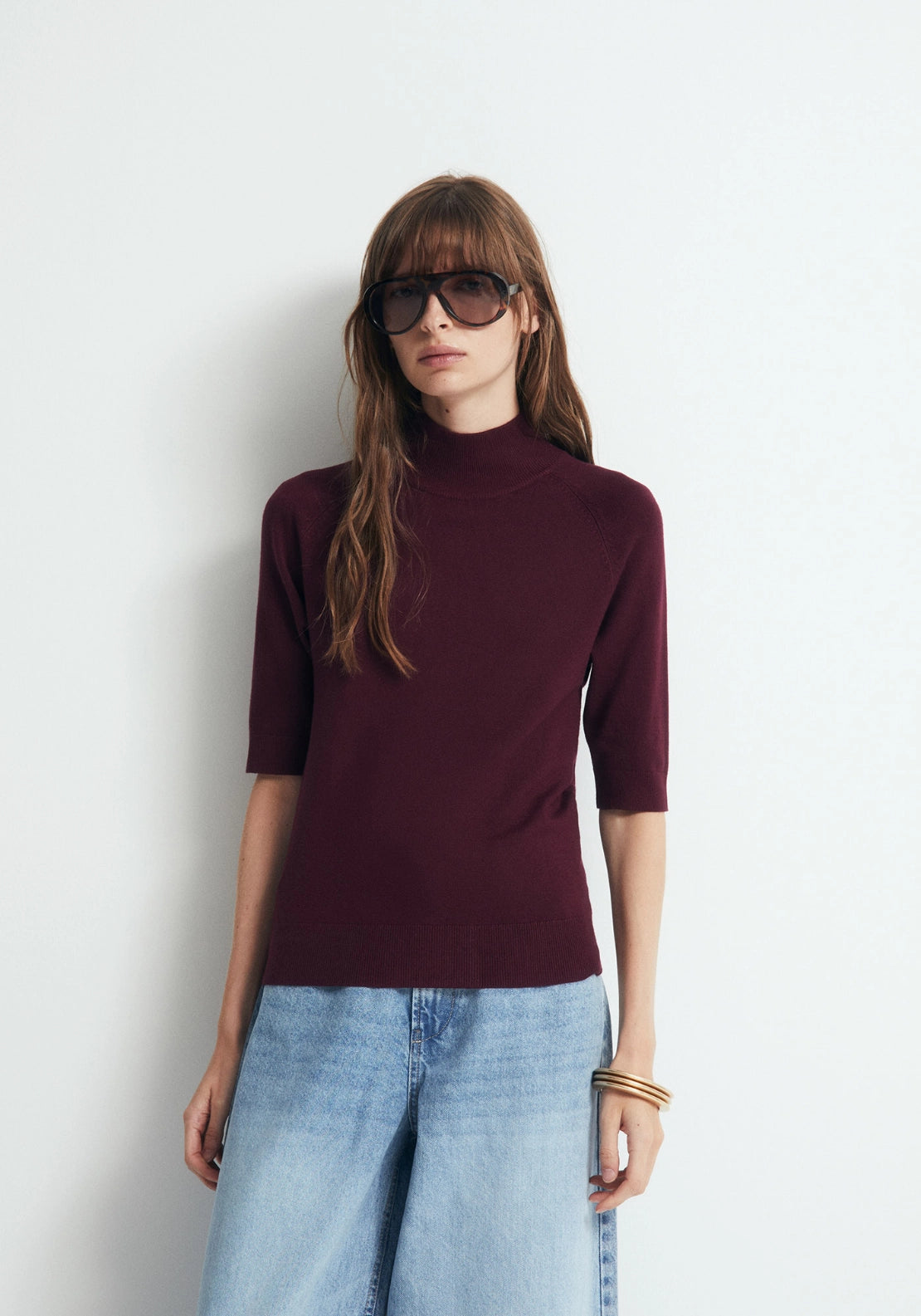Elbow Sleeve Mock Neck Sweater - Red