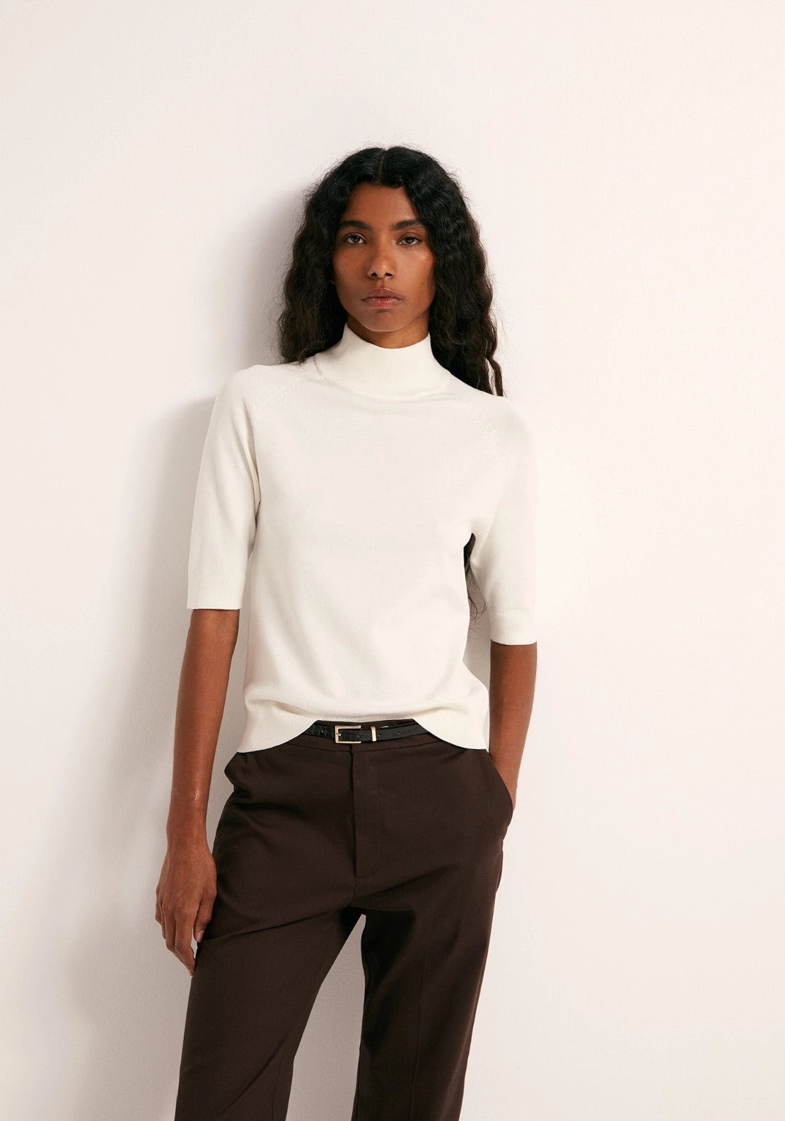 Elbow Sleeve Mock Neck Sweater - Off-white