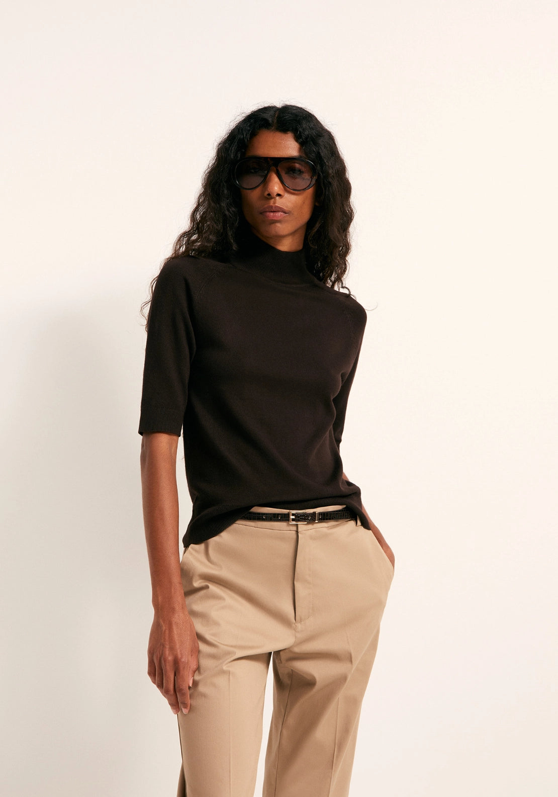 Elbow Sleeve Mock Neck Sweater - Brown