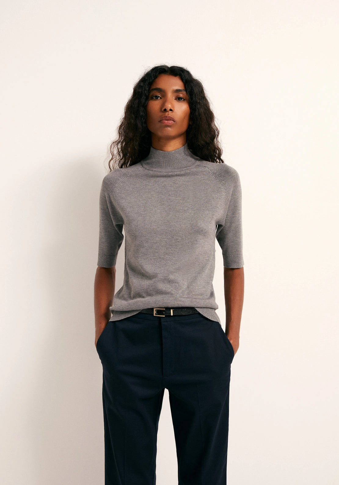Elbow Sleeve Mock Neck Sweater - Grey