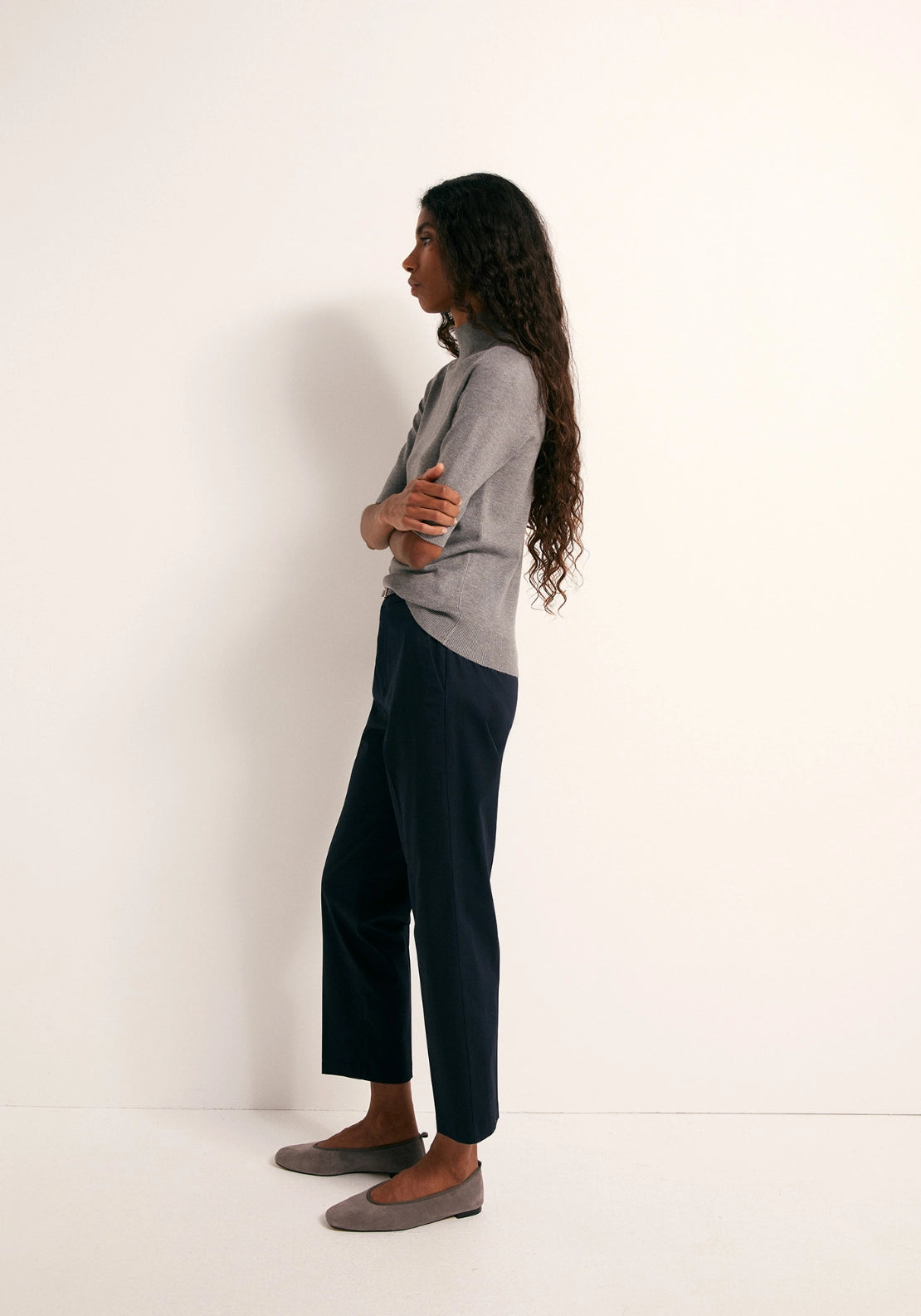 Elbow Sleeve Mock Neck Sweater - Grey