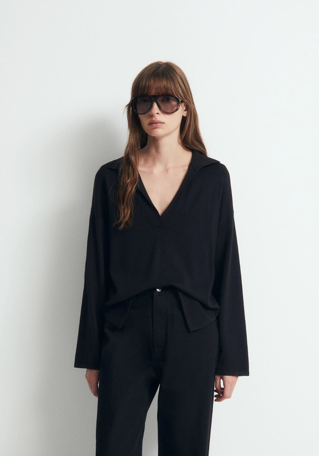 Knit Polo Sweater Open Collar - Black