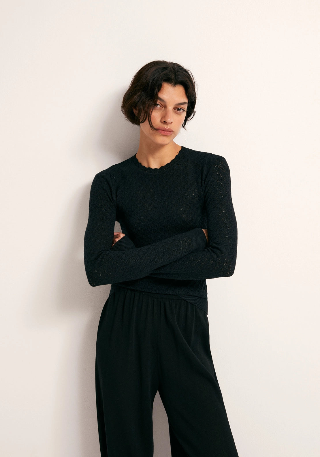 Pointelle Crew Sweater - Black