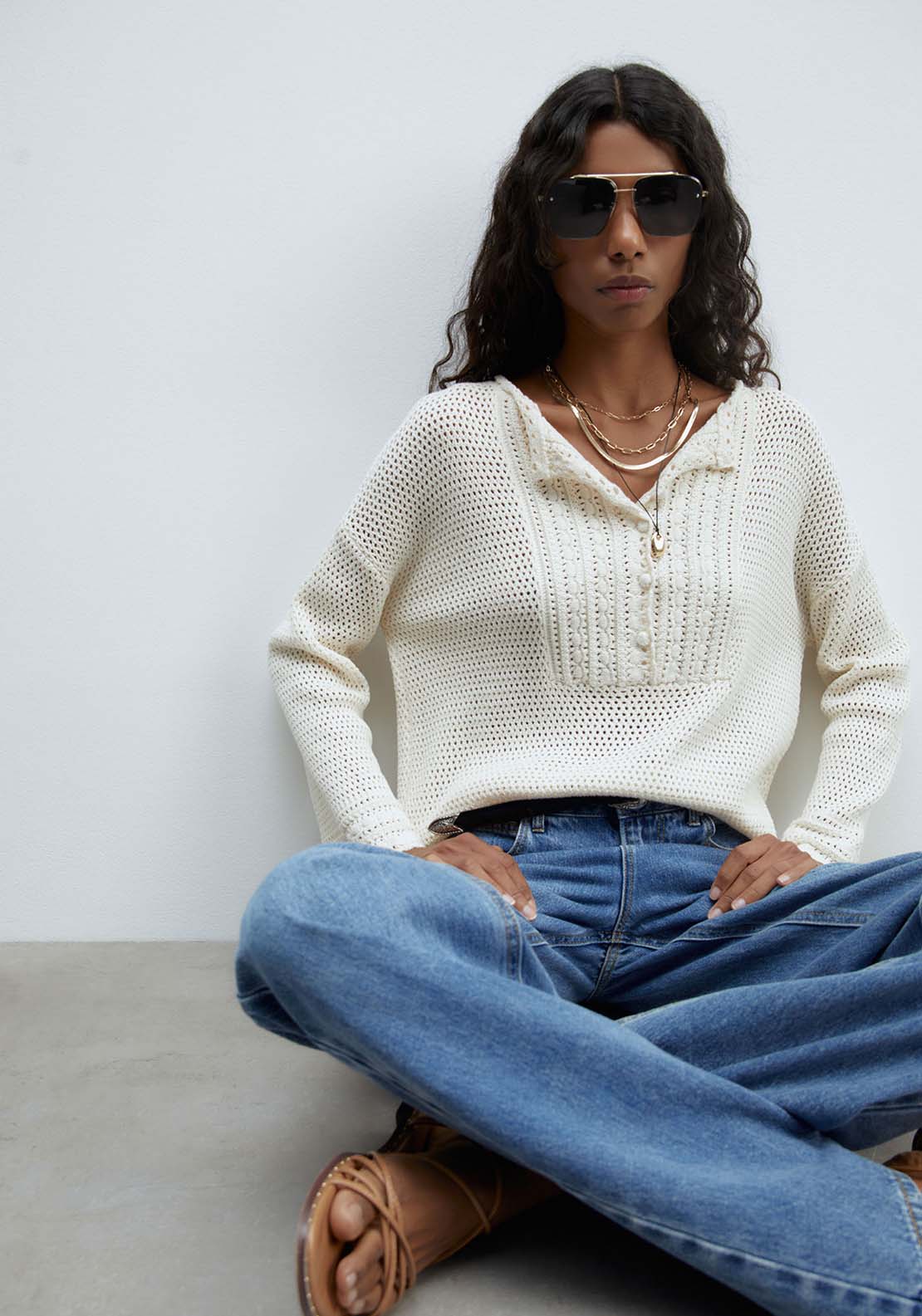 Sfera Decorative Front Openwork Sweater - Ecru 3 Shaws Department Stores