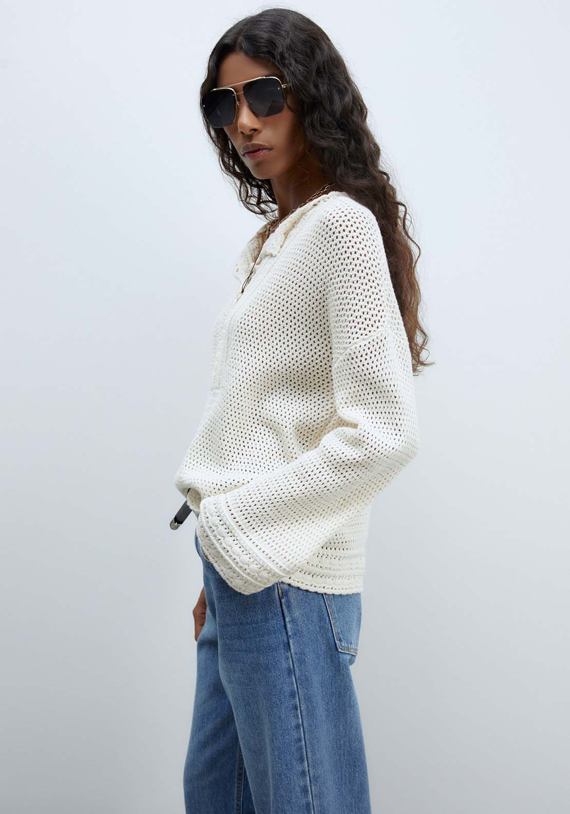Sfera Decorative Front Openwork Sweater - Ecru 2 Shaws Department Stores
