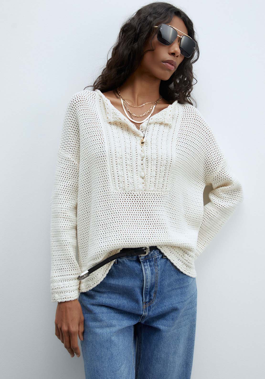 Sfera Decorative Front Openwork Sweater - Ecru 1 Shaws Department Stores