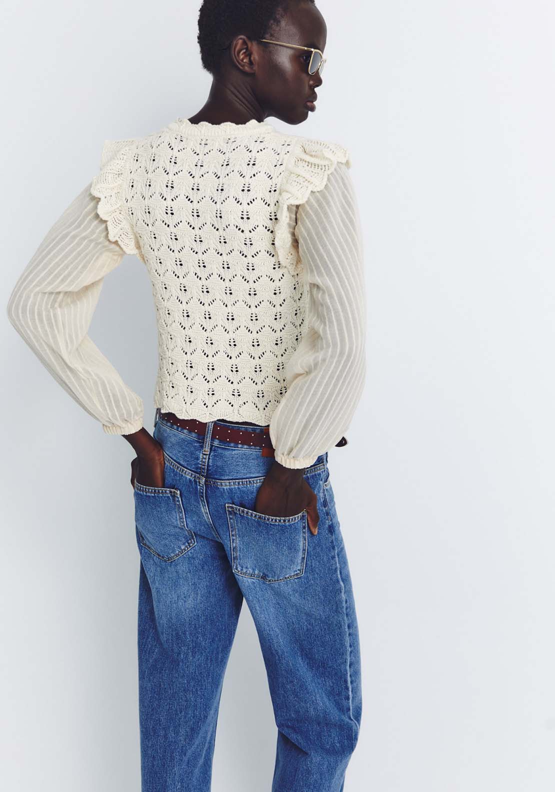Sfera Ruffled Sleeves Sweater - Ecru 2 Shaws Department Stores