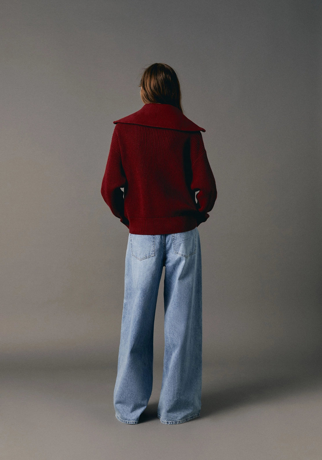 Zip Neck Oversized Collar Sweater - Vermilion