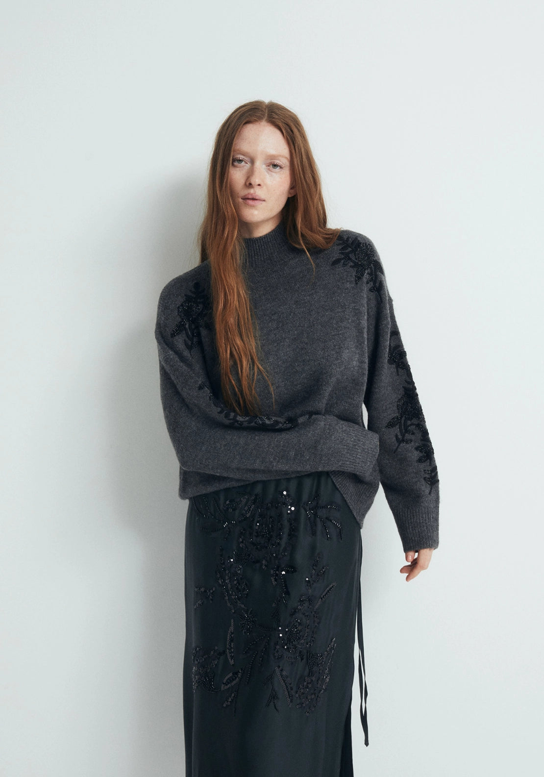 Sequin Embroidered Knit Sweater - Grey