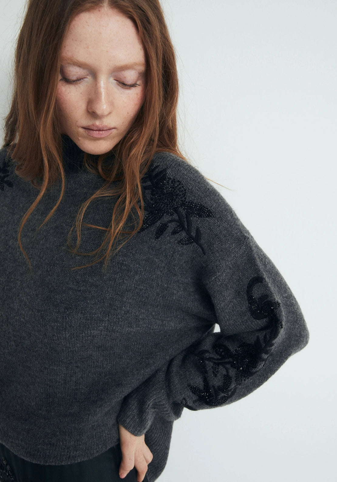 Sequin Embroidered Knit Sweater - Grey