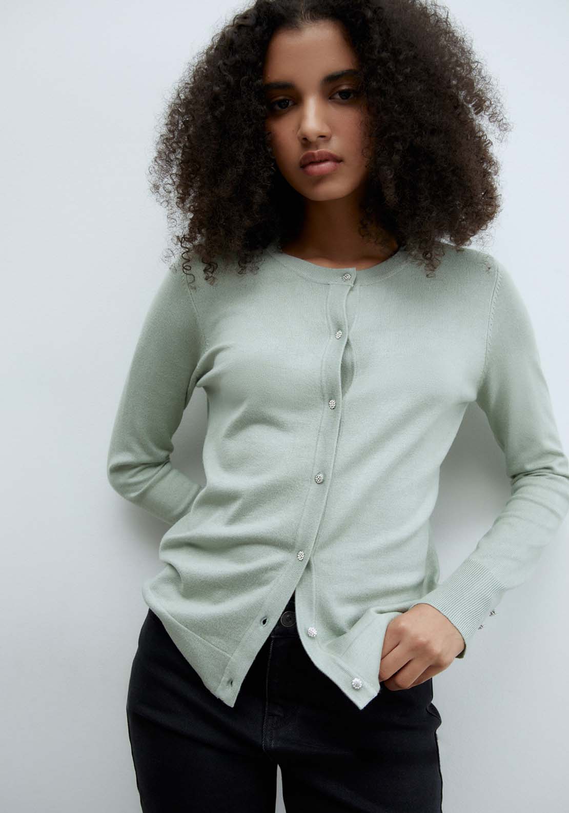 Sfera Jewel buttons cardigan - Green Aquamarine 1 Shaws Department Stores