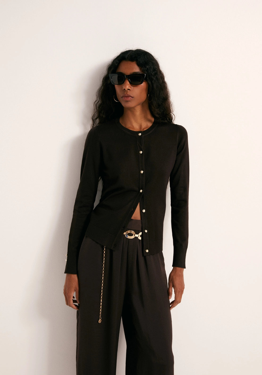 Gold Tone Button Cardigan - Brown