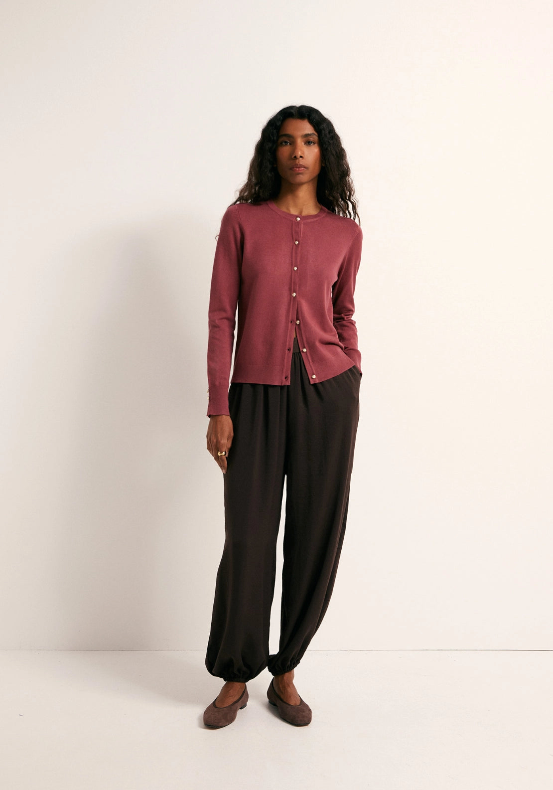 Gold Tone Button Cardigan - Dark Pink