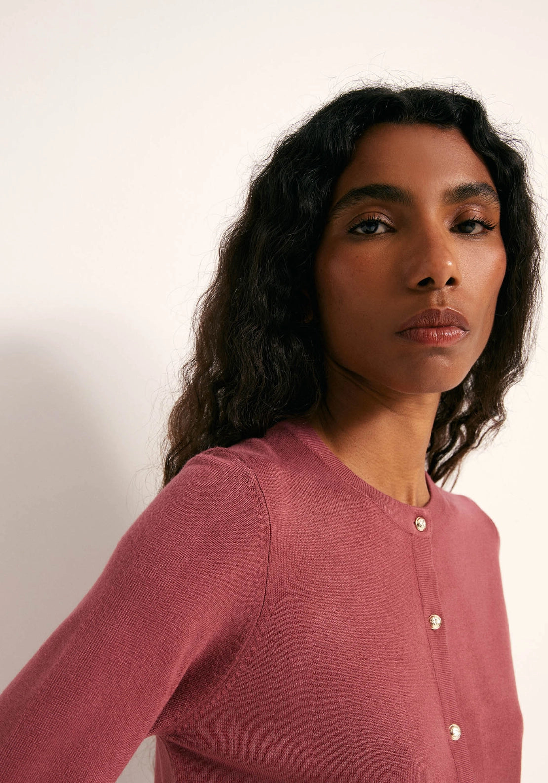 Gold Tone Button Cardigan - Dark Pink